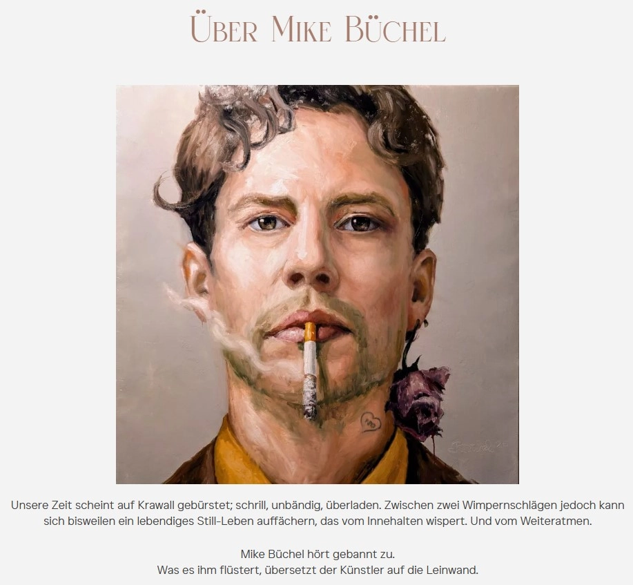 Selbstportrait von Mike Büchel, Vorderansicht Gesicht mit Zigarette im Mund