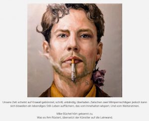 Selbstportrait von Mike Büchel, Vorderansicht Gesicht mit Zigarette im Mund